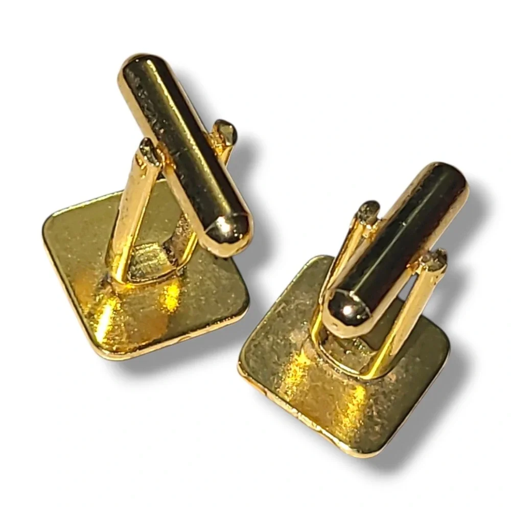 Vintage Gold Tone Green Cream Enamel Geometric Cufflinks Men's Retro Mid Century
